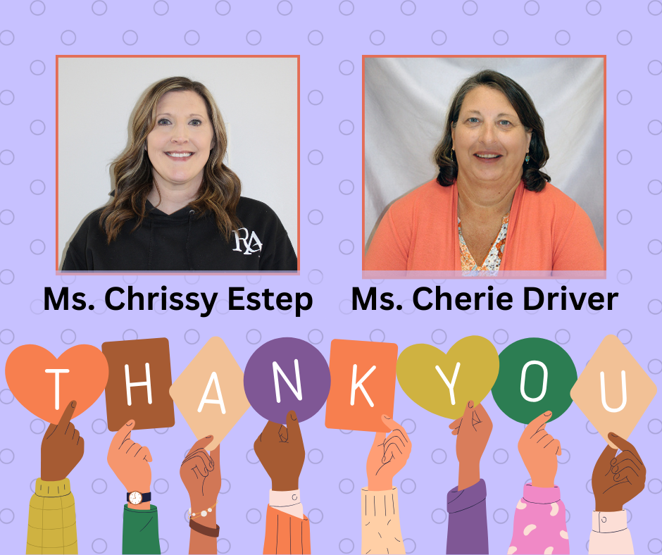 Two women, Ms. Chrissy Estep and Ms. Cherie Driver, are smiling. Colorful hands hold signs spelling out "THANK YOU".