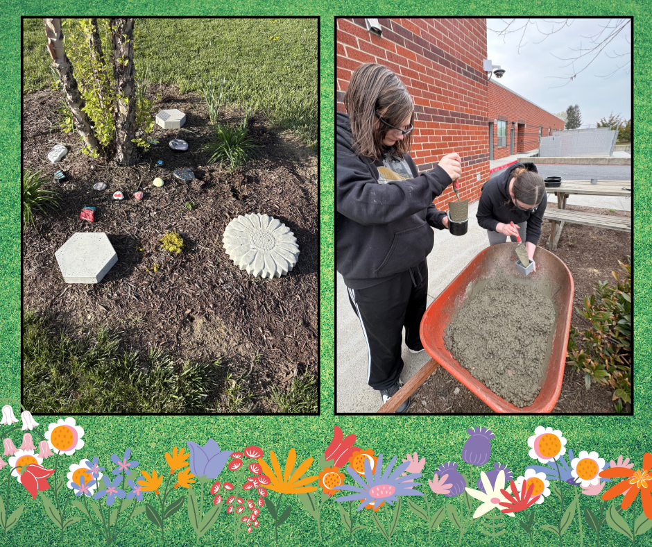 Two photos show a garden with a small tree and decorative stones, and a person mixing cement in a wheelbarrow.
