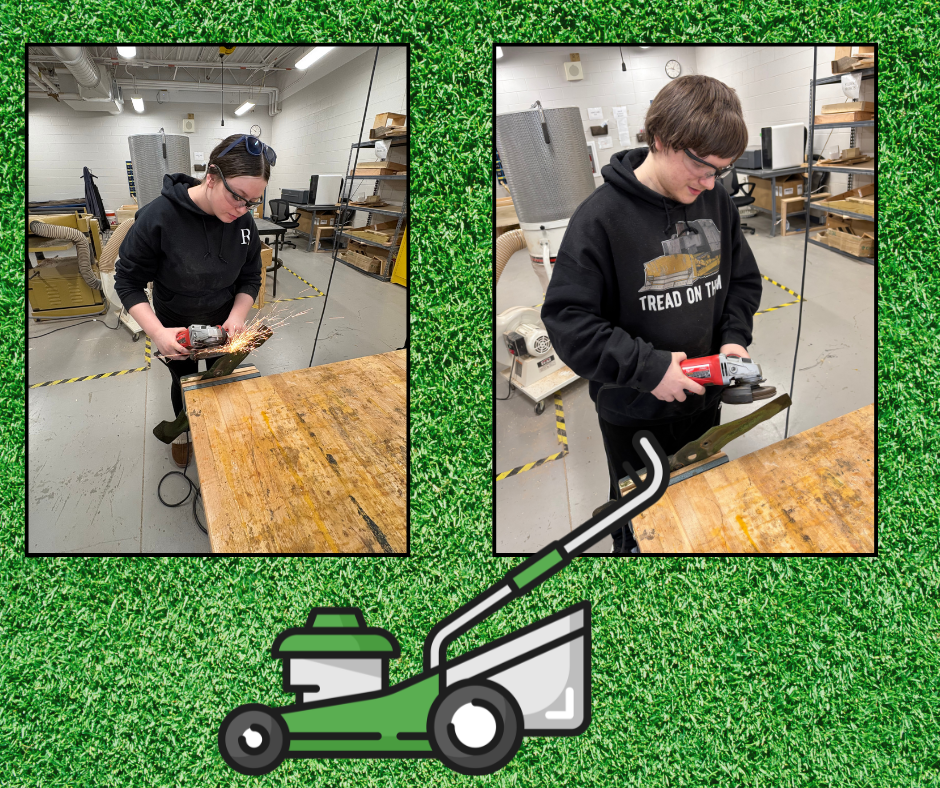 Two people in hoodies use power tools on a wooden workbench. A lawn mower graphic appears below the photos.