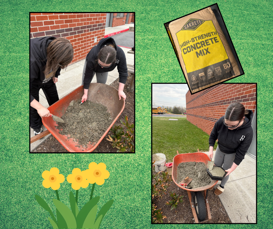 Two people in black jackets, wearing boots, mix concrete in wheelbarrows; one on a grassy lawn.