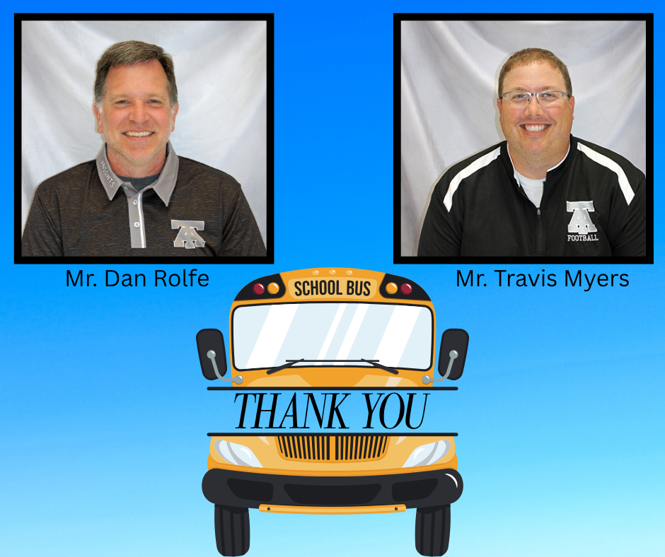 Two men smiling in photos on either side of a yellow school bus with text "Thank You" in front.