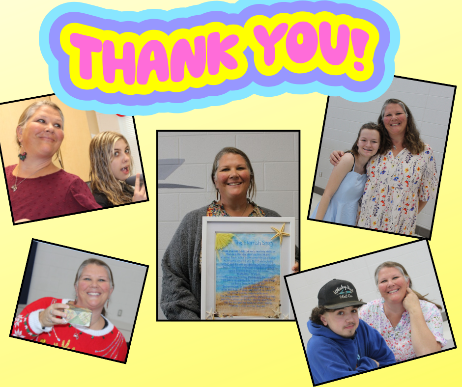 Multiple photos of people smiling, with one holding a framed certificate, on a yellow background. "Thank You!" in colorful letters.