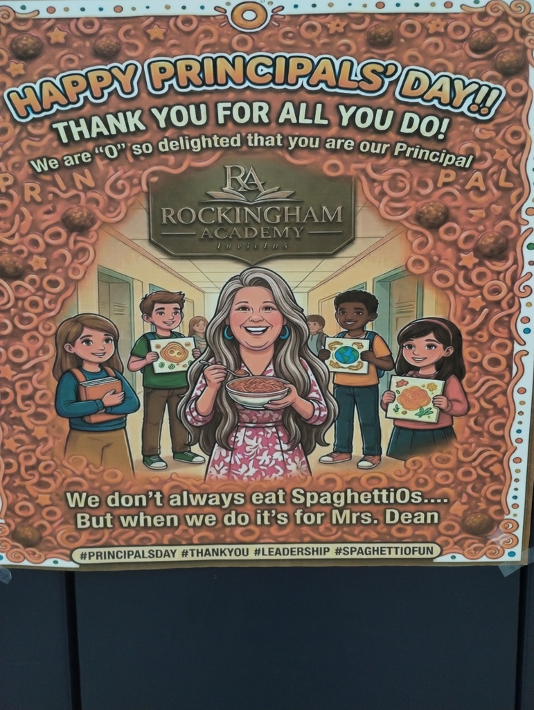 Poster with colorful drawing of a woman holding a bowl and four children holding plates. Text reads "Happy Principals' Day! Thank you for all you do!"