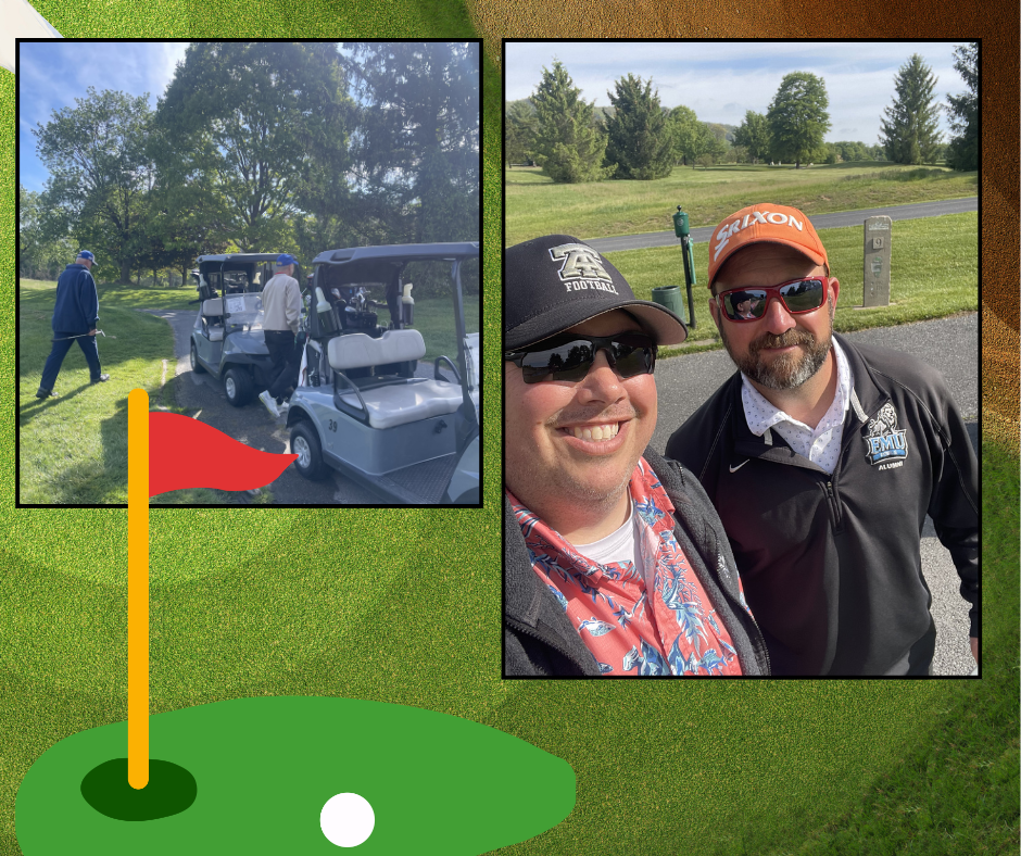 Two photos: one shows a golf cart on a course, another shows a man and woman smiling.
