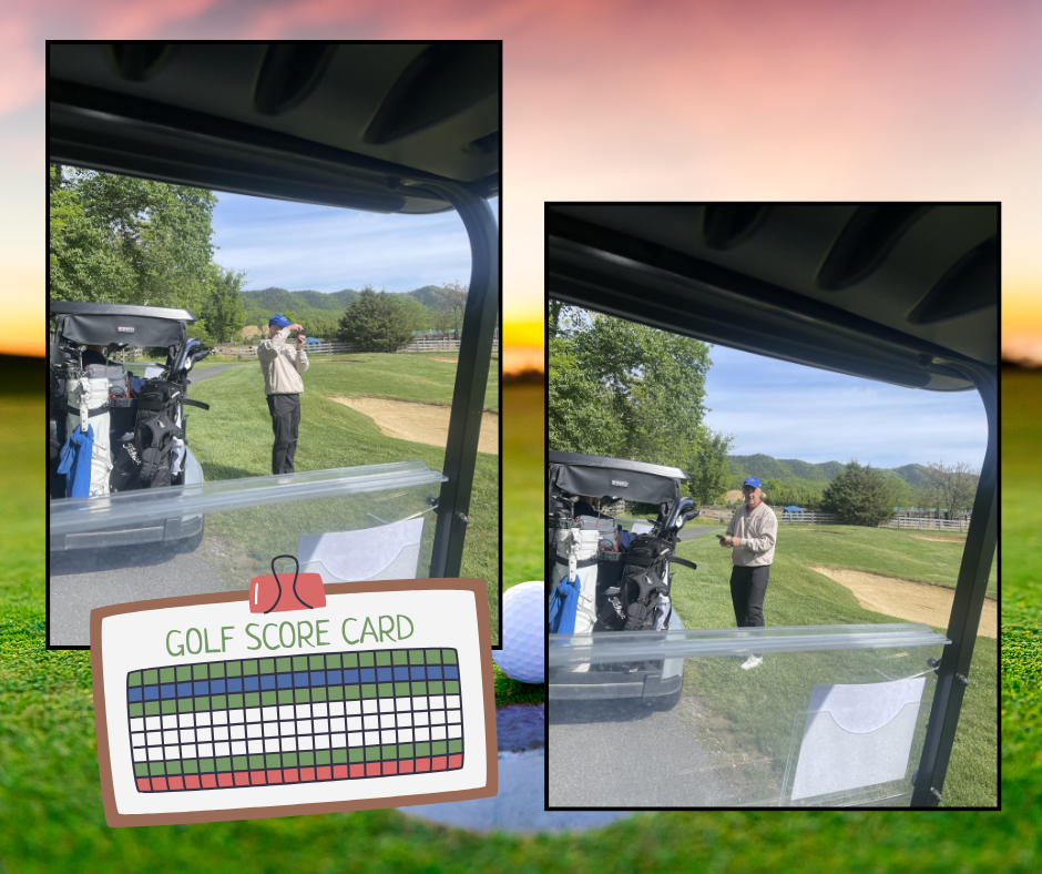 Two golf cart views with a golfer in the distance. A score card is displayed on the left with 18 holes.