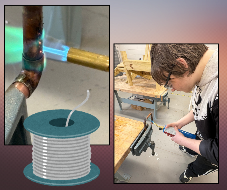 Two images: one shows a copper pipe being soldered with a torch, the other depicts a person soldering copper with a soldering iron.