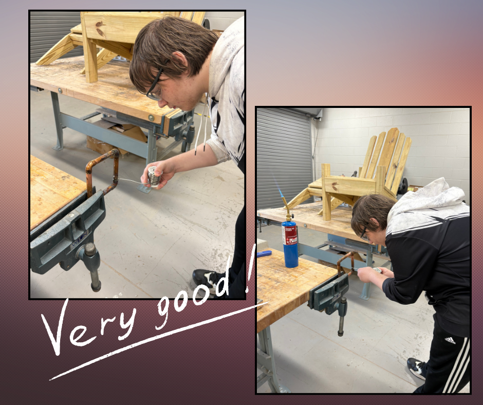 Two photos of a person in a workshop. One shows the person sanding a wooden bench, the other shows the person working on a chair.