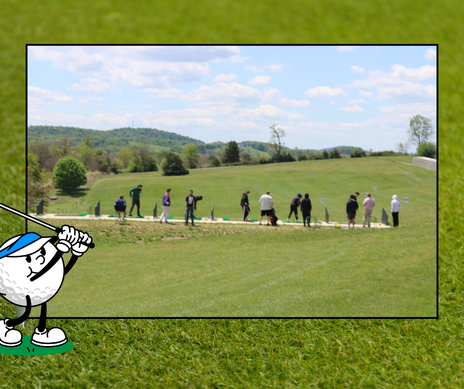 Golfers on a fairway with mountains in the background. Some are in groups, others are alone.