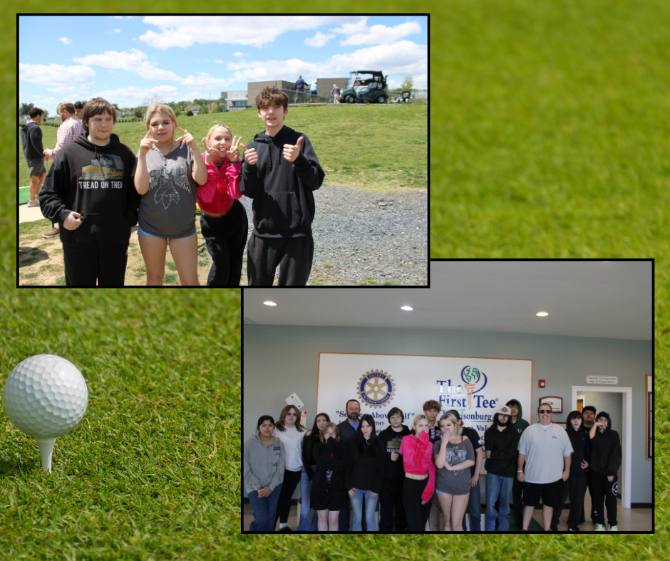 Three photos: four people on a golf course, a group in a room, and a golf ball on a tee.