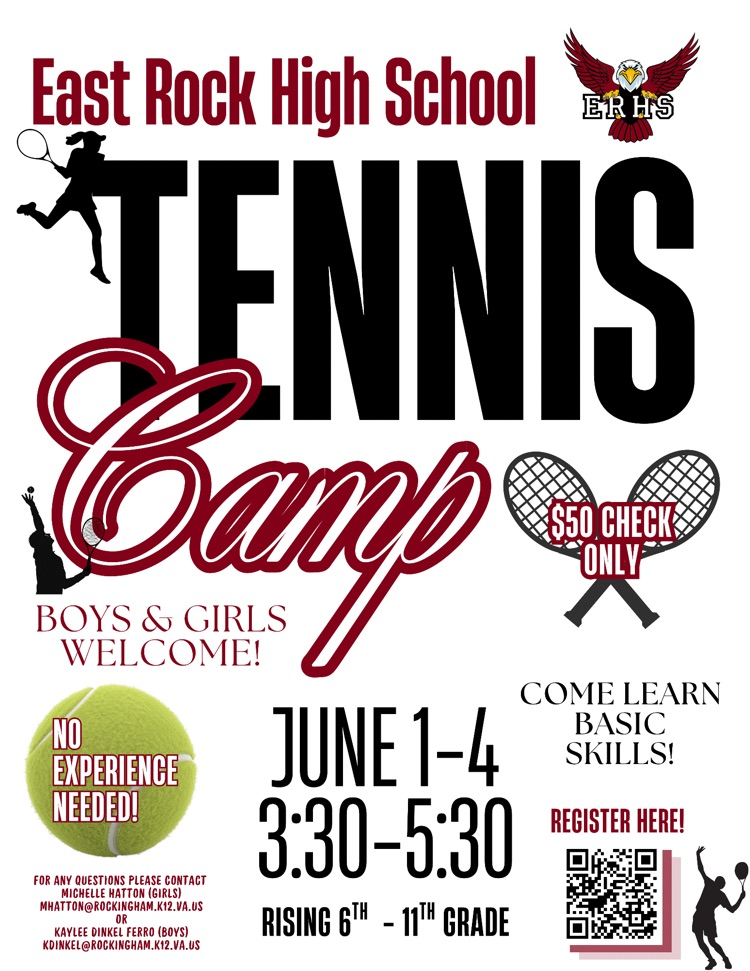a flyer with details about the upcoming tennis camp at ERHS