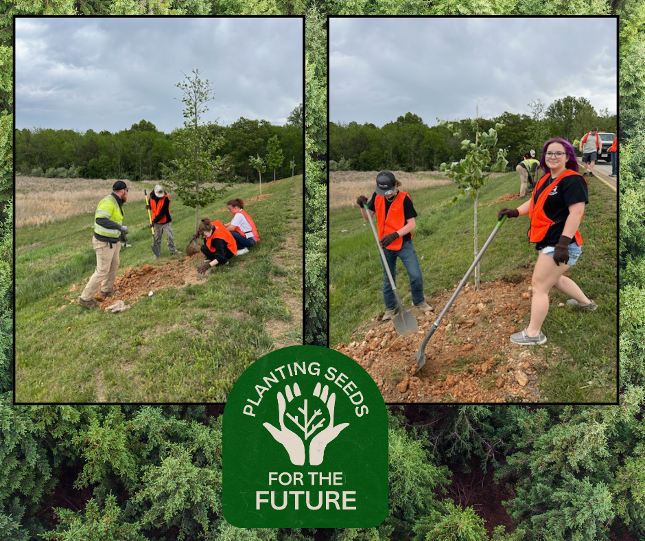 Two panels depict people planting trees. One panel shows people digging soil; another shows one person holding a shovel.