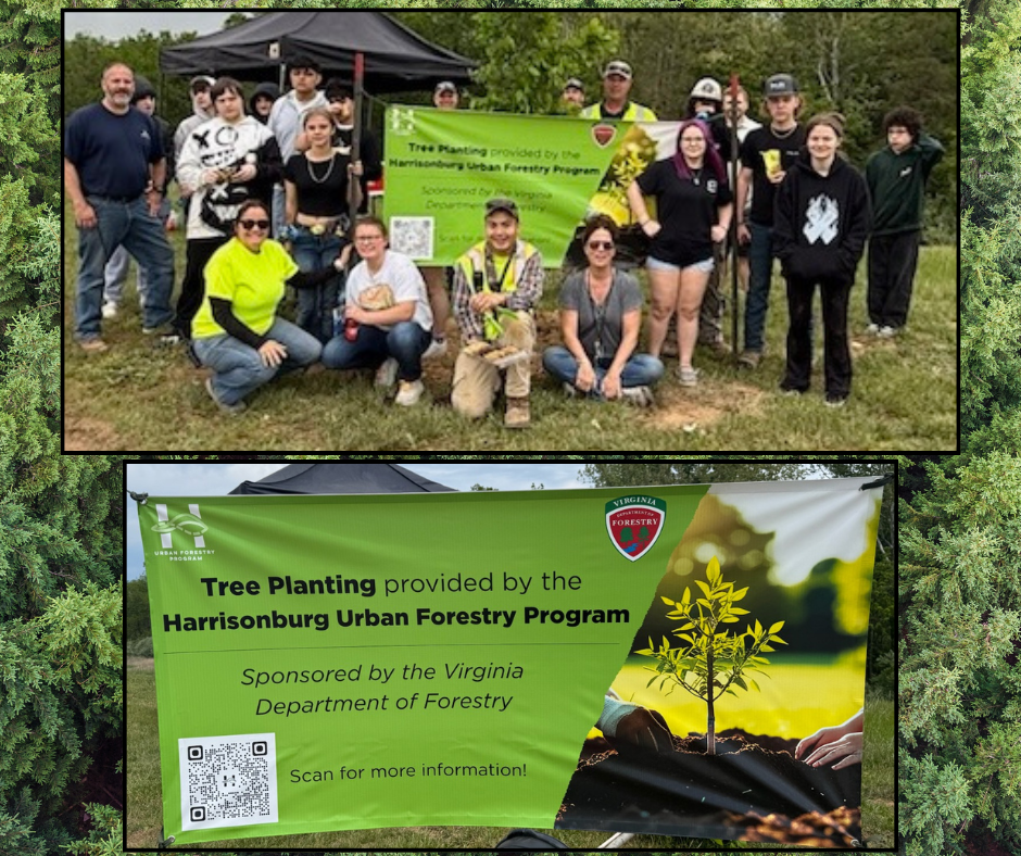 A group of people in green vests and hats stand in a grassy area with trees. Below, a banner displays "Tree Planting provided by the Harrisonburg Urban Forestry Program."