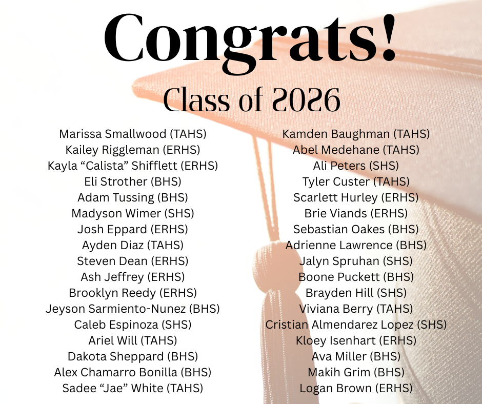 A certificate with a wood backdrop lists "Congratulations! Class of 2026" and names of students from various schools.