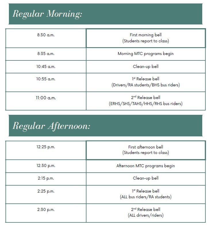 White text on green background, two columns: one labeled "Regular Morning" and the other "Regular Afternoon".