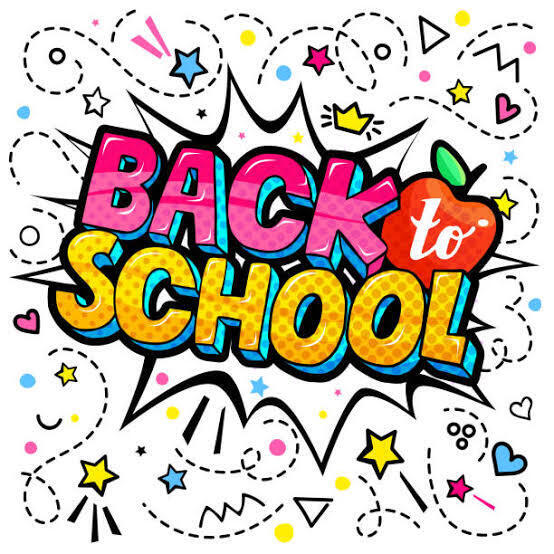 Bright and colorful text reads "Back to School" with an apple. Various shapes, stars, hearts, and lines surround the text.