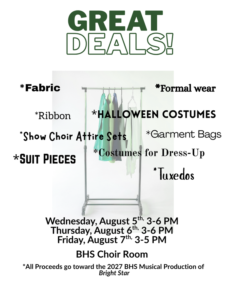 A flyer promotes a clothing sale with items like formal wear, Halloween costumes, and garment bags.