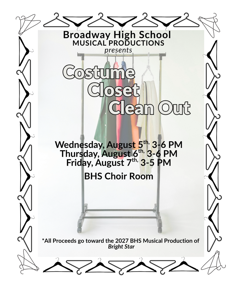 Black and white graphic with a clothes rack. Text: Costume Closet Clean Out. Dates: Wed 5, Thurs 6, Fri 7. Times and room.