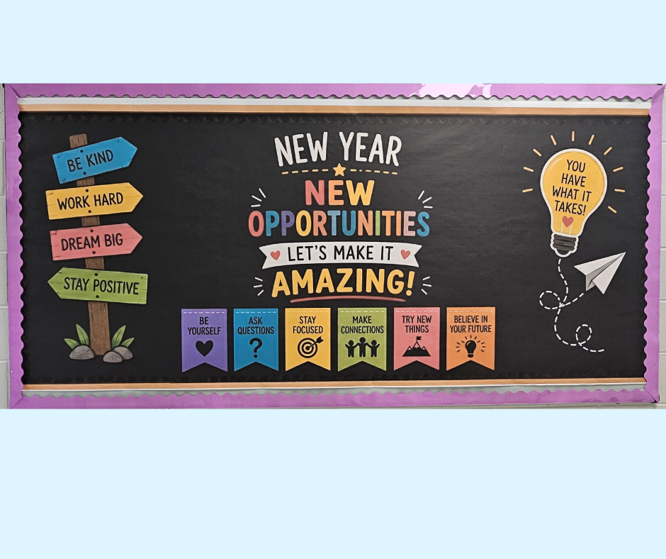 A bulletin board with a black background shows motivational signs and a light bulb. Words include "New Year, New Opportunities" and "Let's Make It Amazing."