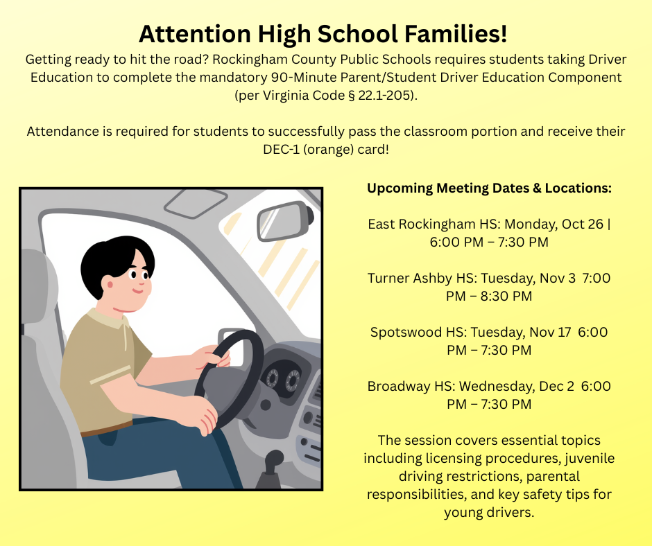 A yellow background displays text about Driver Education and a person driving a car. Dates and times for meetings are listed.