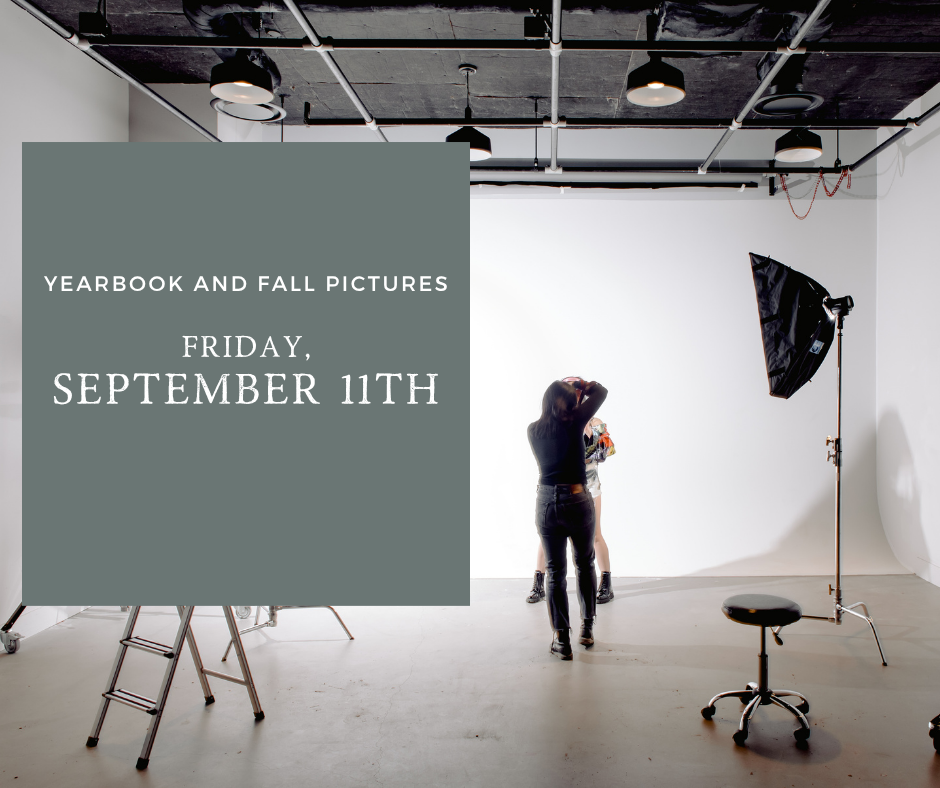 Studio with a model and photographer, text overlay reads "Yearbook and Fall Pictures, Friday, September 11th".