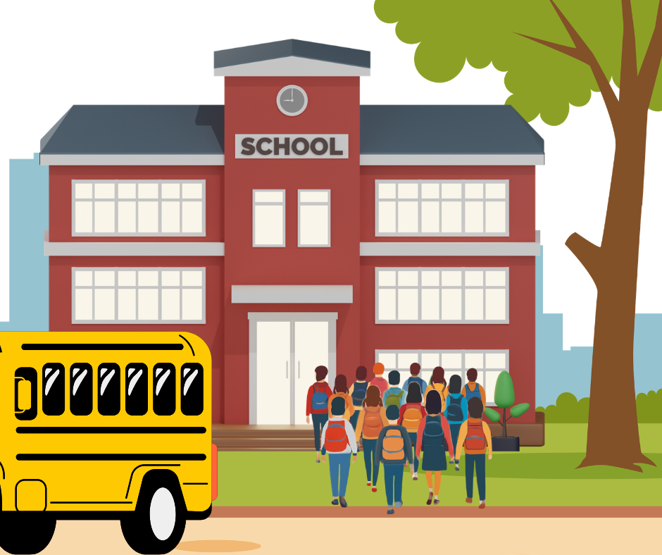 Illustration of students wearing backpacks walking toward a red two-story school building labeled "SCHOOL," with a yellow school bus parked in the foreground on the left and a large green tree on the right.