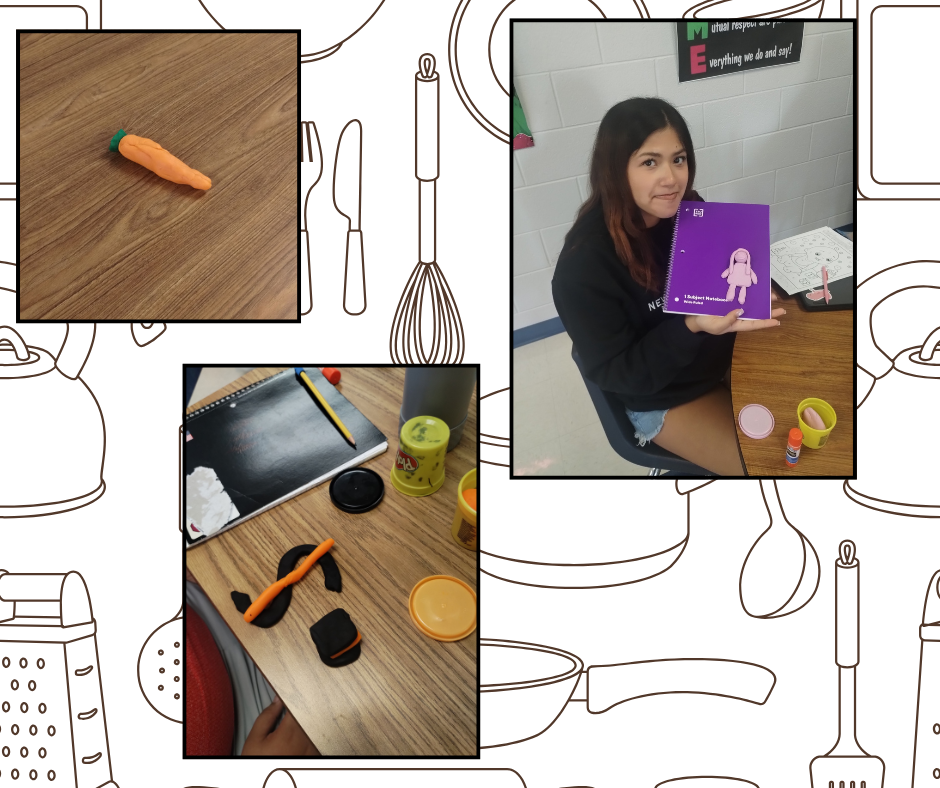 Collage of three images: a carrot, a woman holding a book, and a workspace with tools.