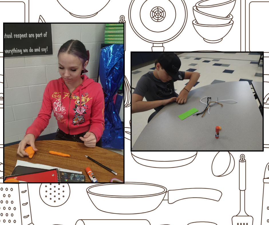 Two students, one female and one male, work on separate crafts at a table in a classroom.