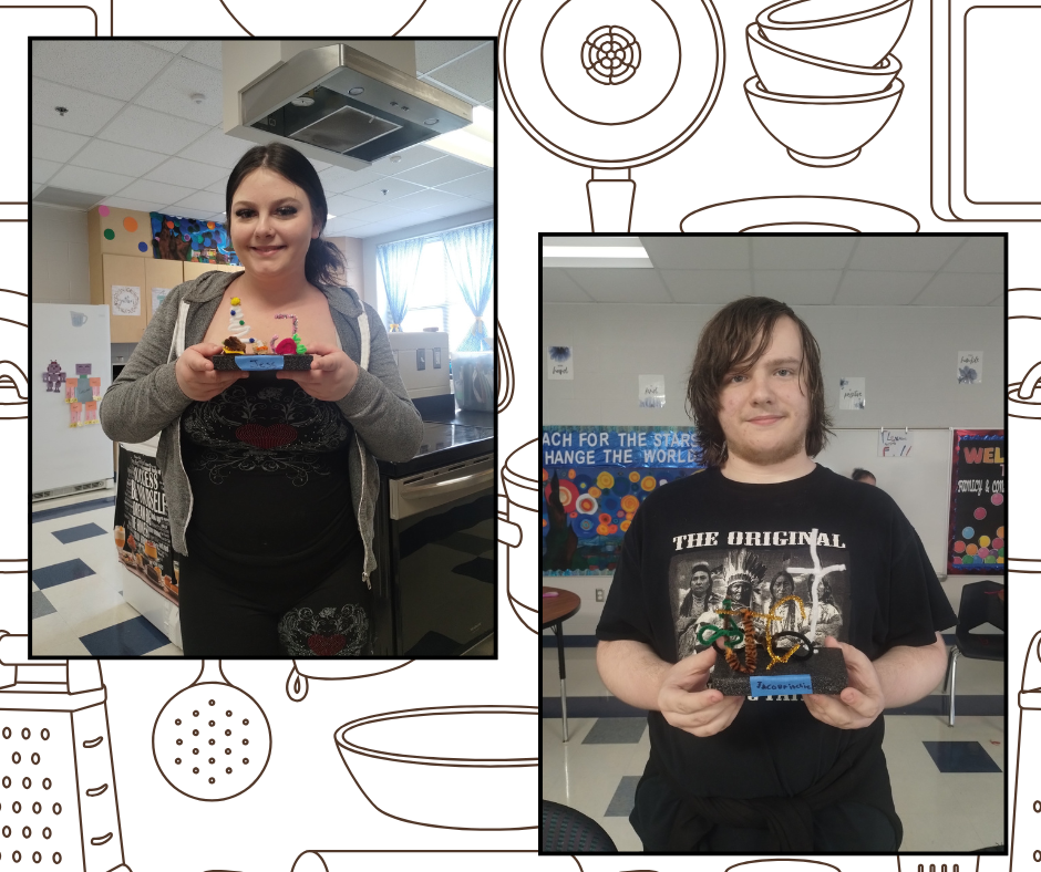 Two students showing their sculptors they made in class. 