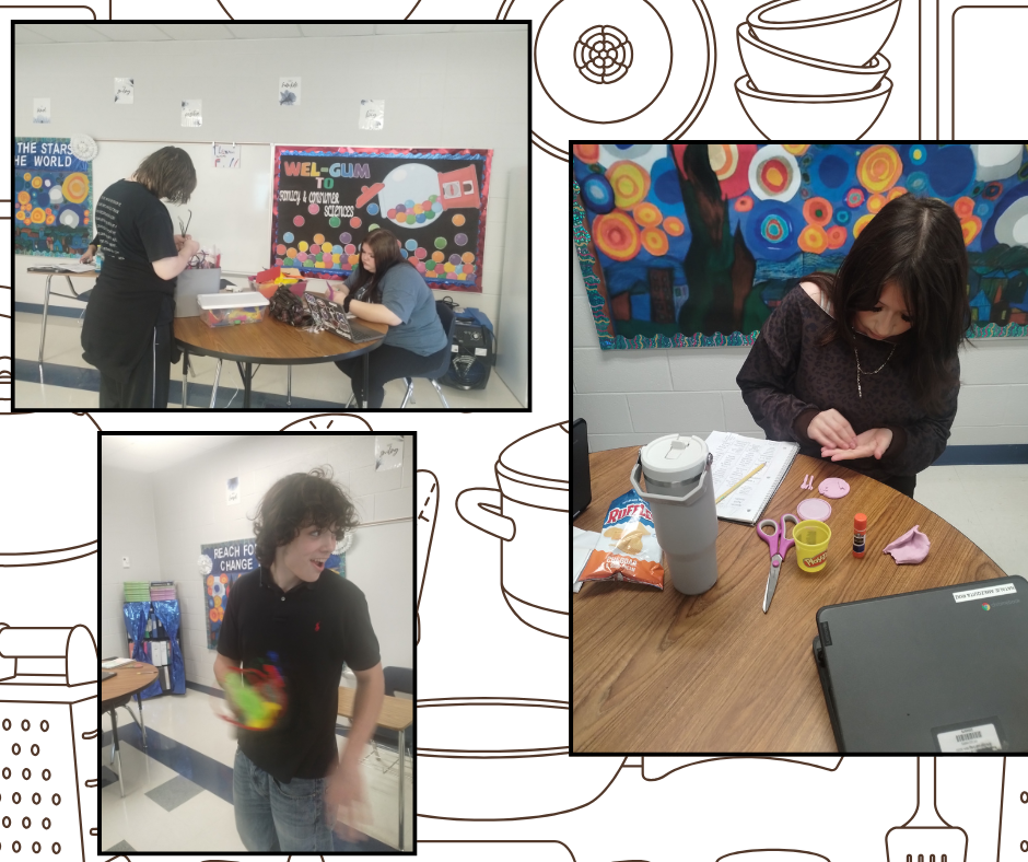 Four panels show art students in a classroom. One is standing, another works at a table, and two work on art.