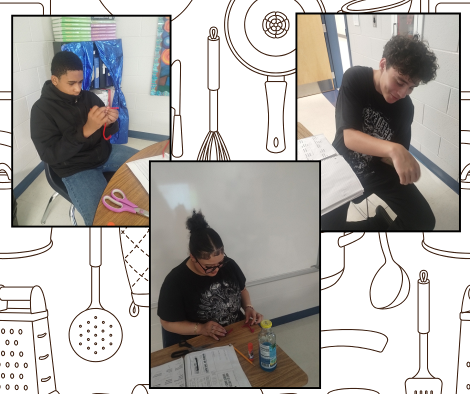Three students in a classroom engage in various activities, including reading, writing, and using scissors.