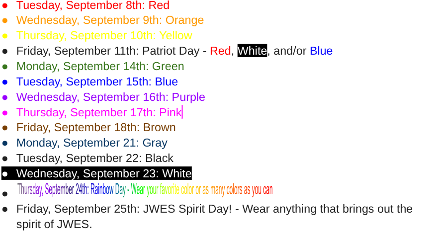 A calendar displays colors and dates for September. Each day lists a color and an event.