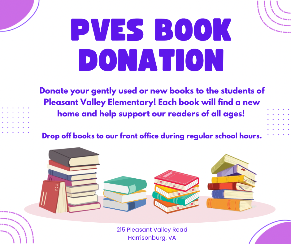 Poster with blue and white text on a purple background. It reads "PVES Book Donation" with an illustration of books.