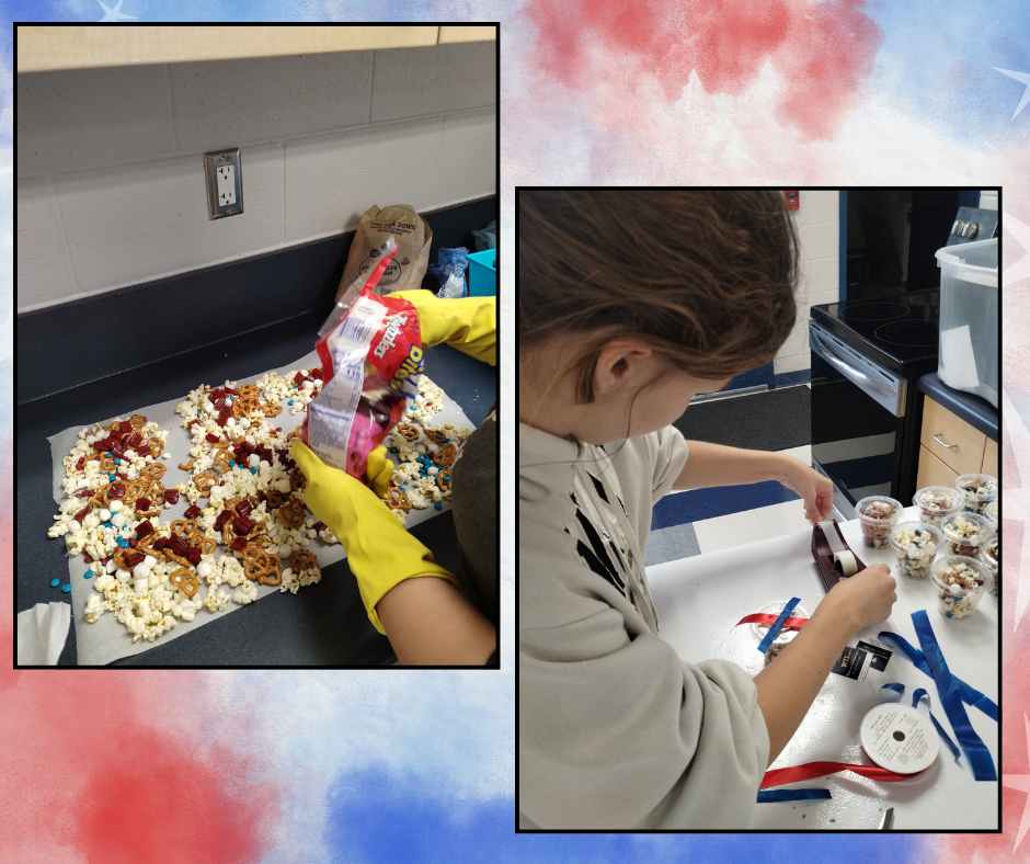 Two images: one of a child pouring popcorn onto a tray, the other of a child crafting with colorful ribbons.