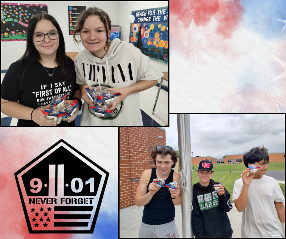 Three photos show young people holding red, white, and blue objects, with a "9.11 NEVER FORGET" sign. Backgrounds include a colorful classroom wall and a brick building.