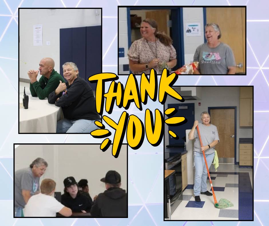 Four photos with text "Thank You" in the center. A woman cleans floor, people sit at table, a man talks.