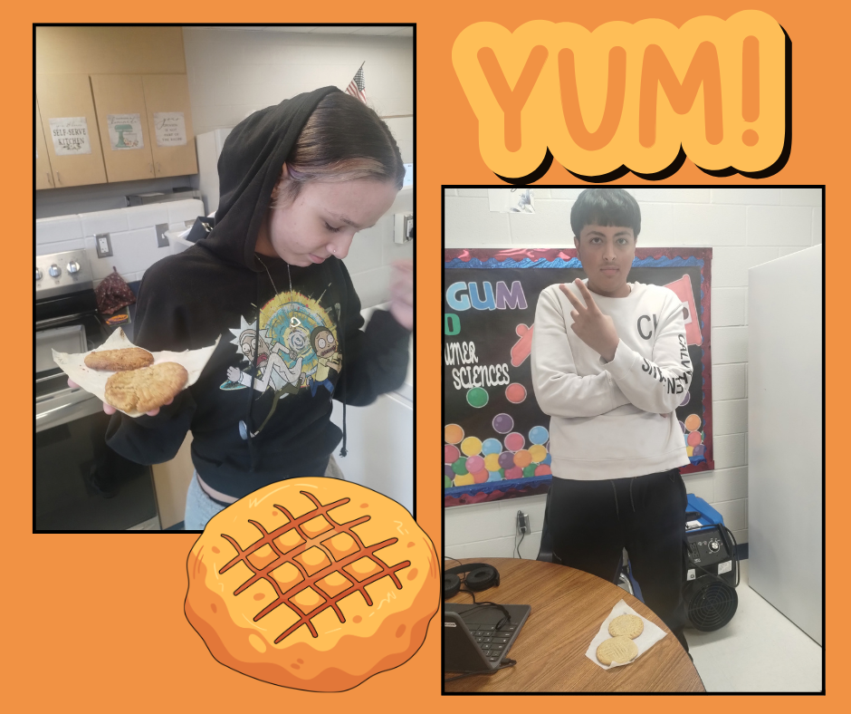 Two individuals, one holding cookies, other making a peace sign. One is in a kitchen, other in a classroom.