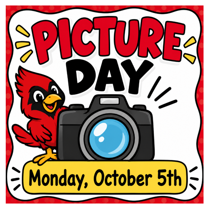 A red bird holds a camera with a yellow and red border. Text reads 'Picture Day' and 'Monday, October 5th'.