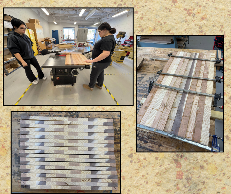Three photos: two people cutting and working with wood, wood planks stacked, and a table with wood planks.