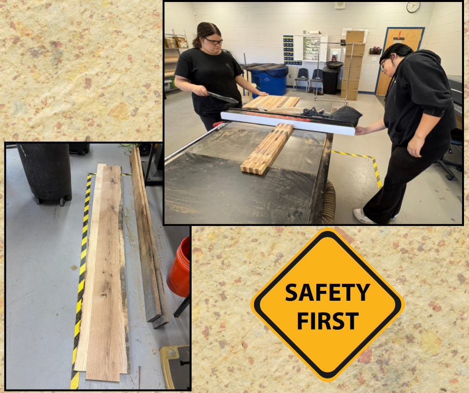 Three images show wood on a table, a safety sign, and people working. One person cuts wood; another holds a board.