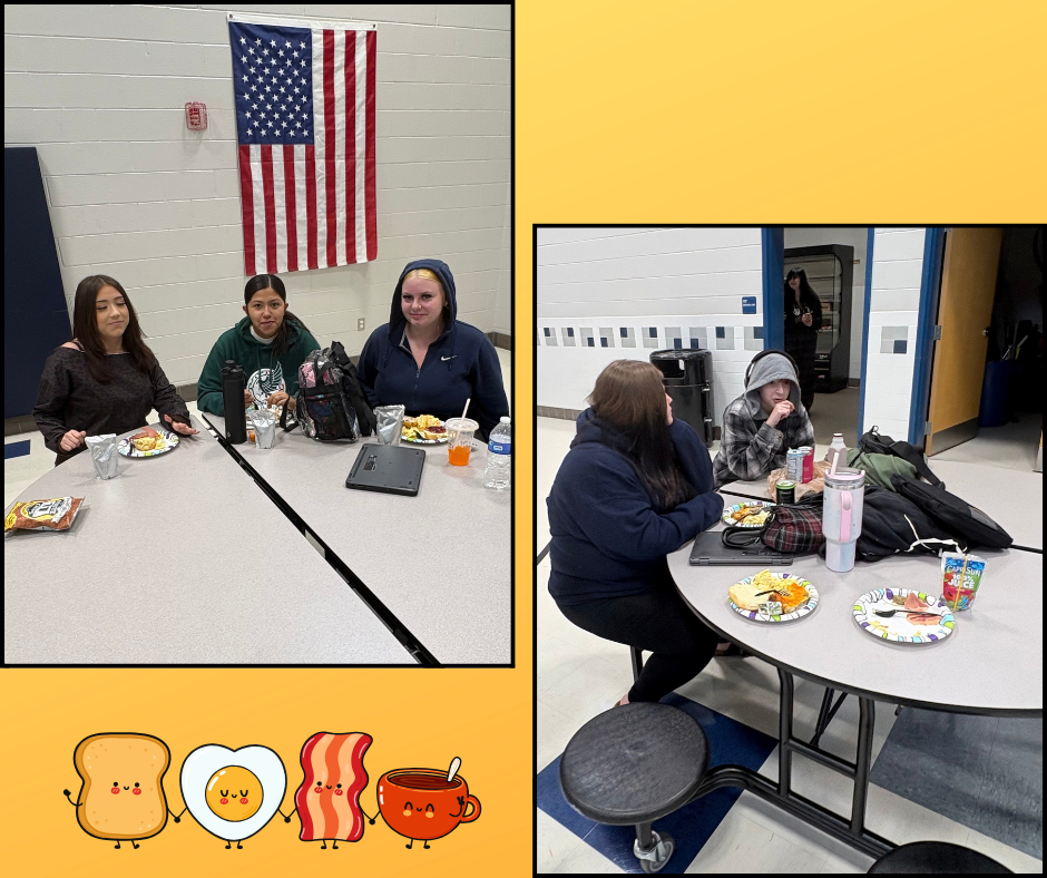 Two photos show people seated around tables eating. One photo shows an American flag on the wall.