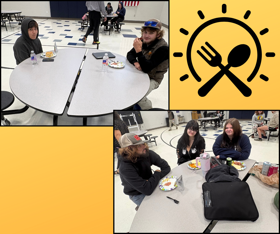 Multiple photos show people in a cafeteria. A man eats at a table. Another sits in a chair. A yellow circle logo with a fork and spoon is in the corner.