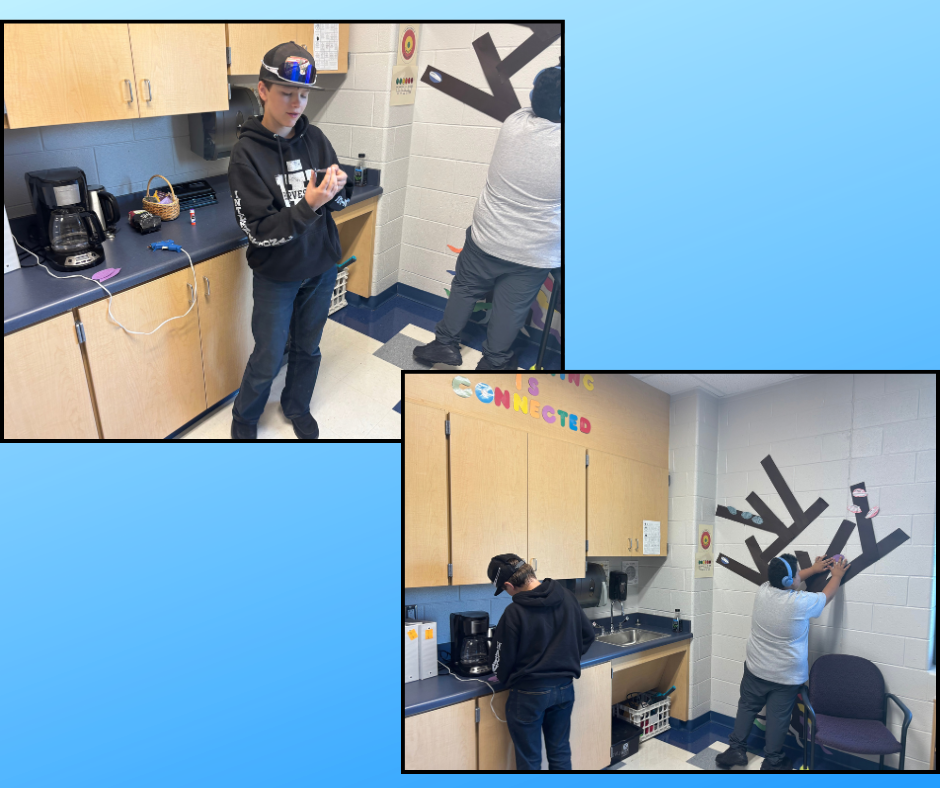 Two images of students working on a project with reindeer shapes. One is attaching pieces to a wall.