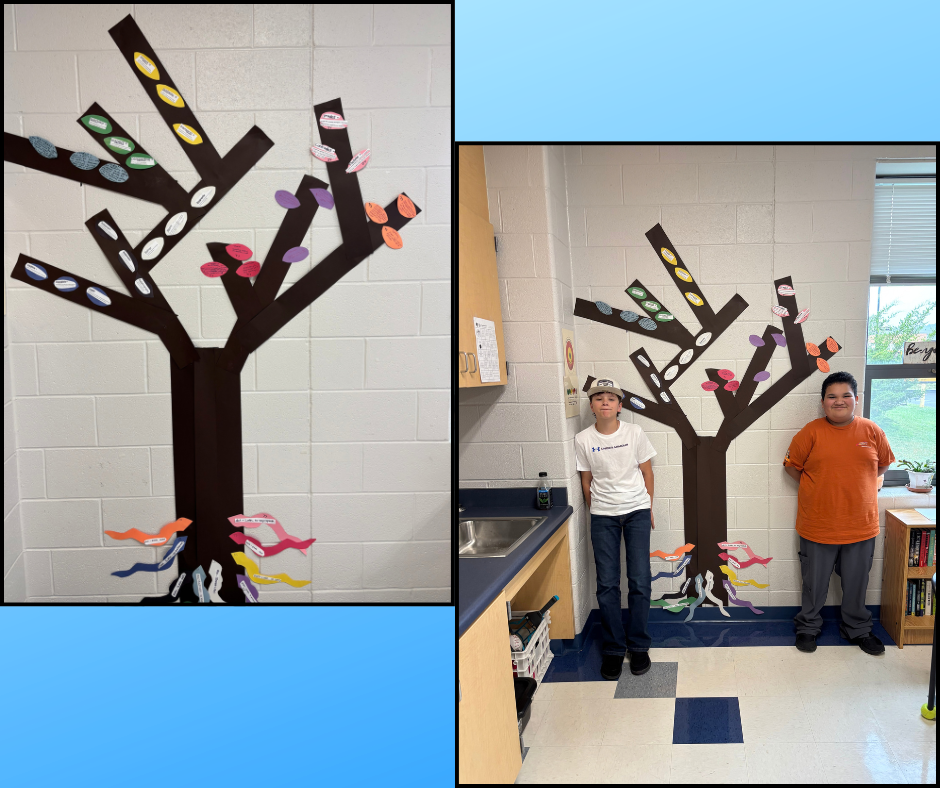 Two images: one of a tree mural on a wall, the other of two people in a room with the same tree mural.