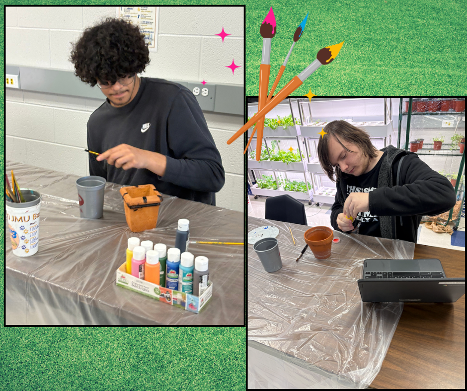 Two people paint pots, one with a brush, the other with paint bottles and cups on a table.