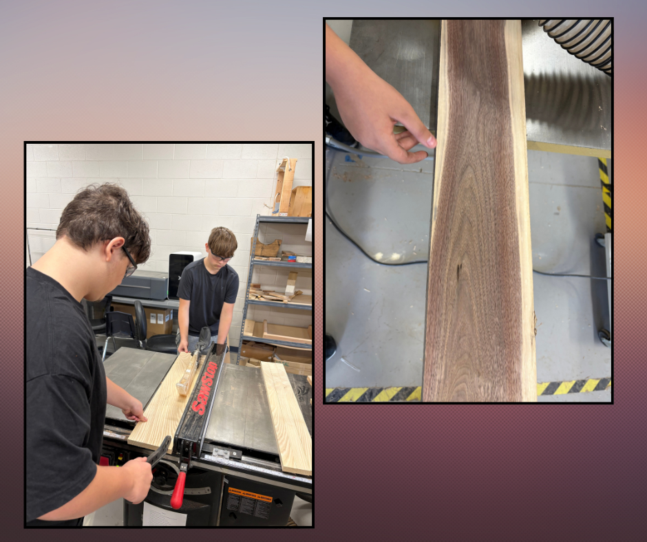 Two people in black shirts work with wood in a workshop, one cutting a piece and the other holding a finished piece.