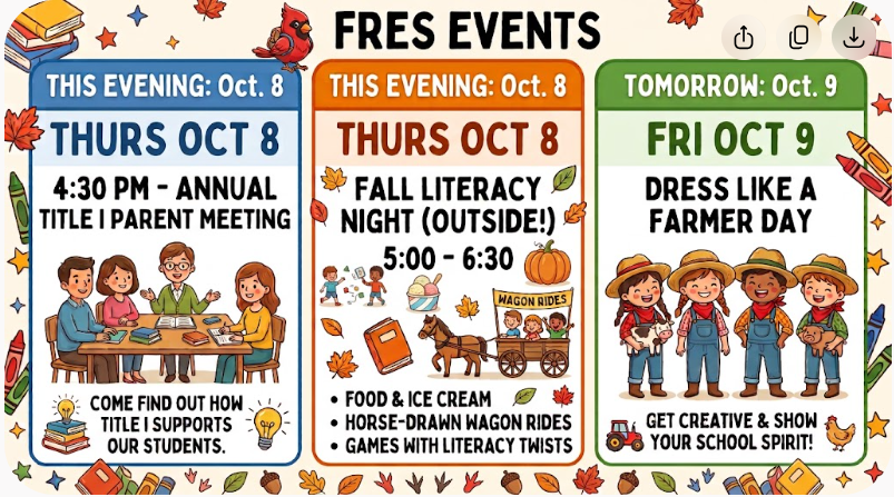 Three event flyers show fall activities, including a parent meeting, literacy night, and dress-like-a-farmer day.