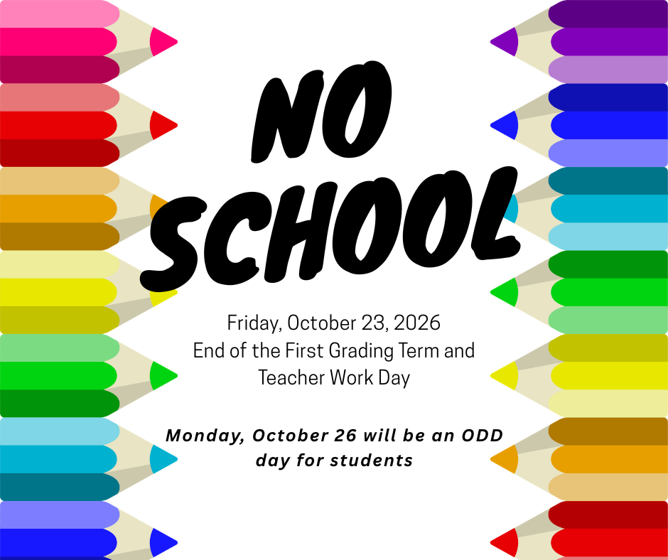 Poster with colored pencils around the border and black text reading "NO SCHOOL" at the center.