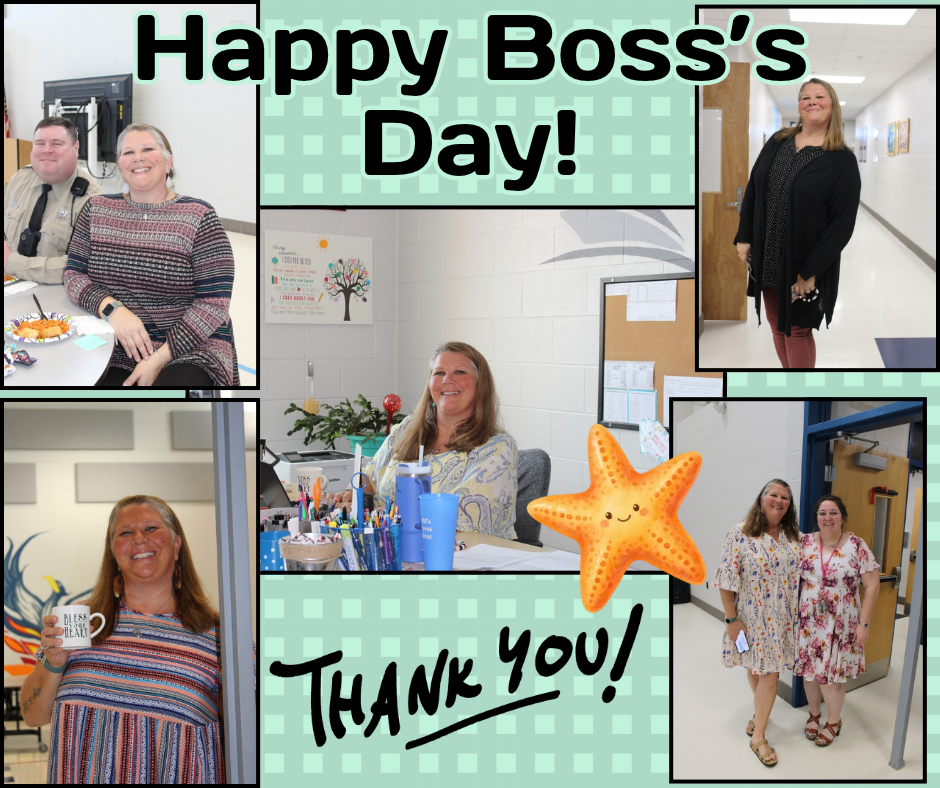 Collage of female employees in an office, smiling and holding items like a coffee cup and a starfish. Words "Happy Boss's Day!" and "Thank You!" are included.