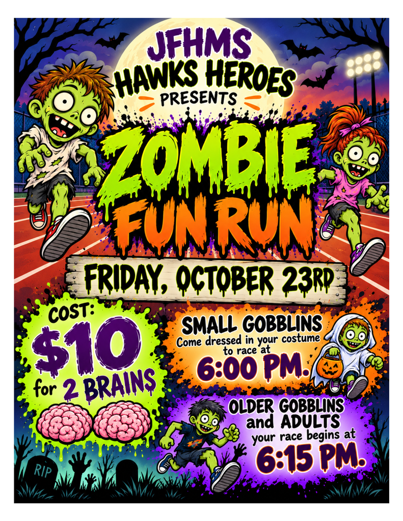 Poster for a run event with zombie cartoon characters. Cost is $10 for two brains.