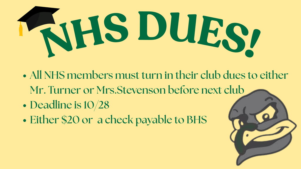 Yellow poster with green text. A graduation cap is on the left. A gray character wearing a hat is on the right.